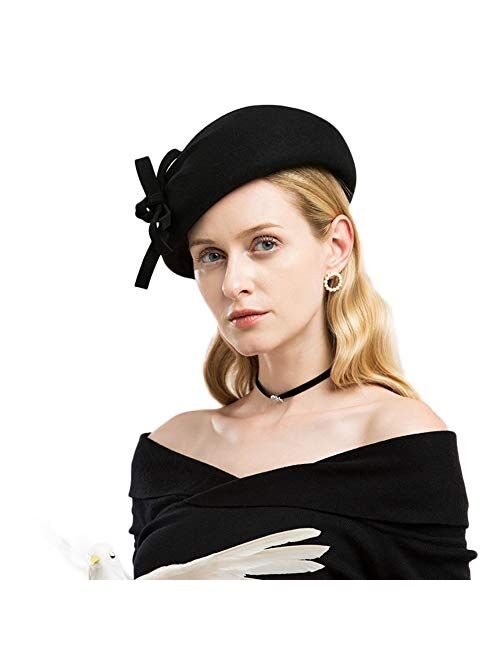 F FADVES Elegant Fascinators Weddings Pillbox Hat Wool Fedora Bowknot Church Dress Cocktail Party Hats