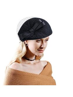 FADVES Women Vintage Fascinator Pillbox Hats Wool Beret Party Wedding Caps Bow Veil