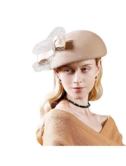FADVES Women Vintage Fascinator Pillbox Hats Wool Beret Party Wedding Caps Bow Veil