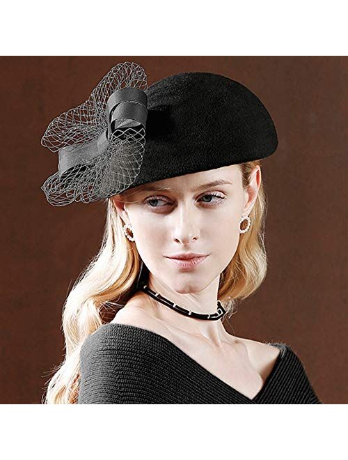 F Fadves FADVES Women Vintage Fascinator Pillbox Hats Wool Beret Party Wedding Caps Bow Veil