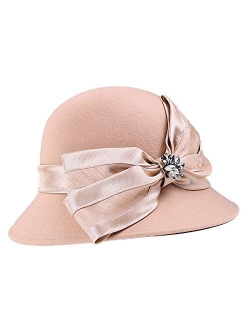 FADVES Women Wool Fedoras Hats Rhinestone Winter Cloche Church Wedding Hat