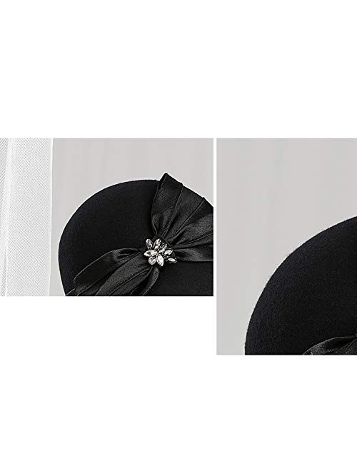 F Fadves FADVES Women Wool Fedoras Hats Rhinestone Winter Cloche Church Wedding Hat