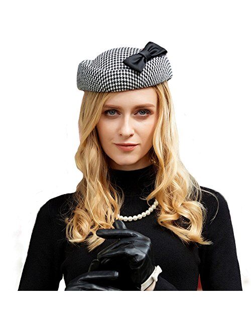 F Fadves FADVES Womens Wool Fascinators British Pillbox Hat Cocktail Party Hat with Bow