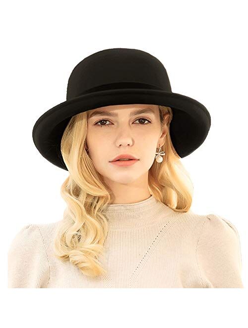 F FADVES Women's Upturn Brim Bowler Wool Hat Casual Warm Fedora Hats