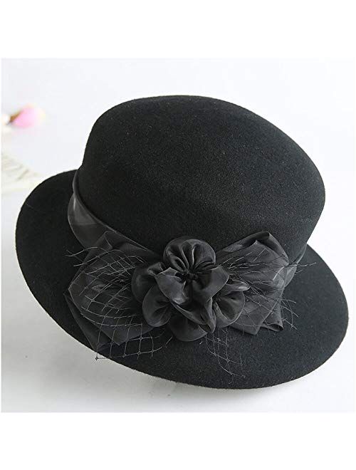 F Fadves FADVES Womens Wool Felt Church Fedora Hats Floral Veil Netting Wide Brim Derby Hat