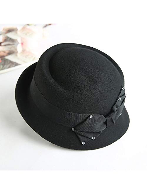 F FADVES Wool Felt Cloche Fedora Hat for Women Derby Party Bowknot Church Bowler Hats