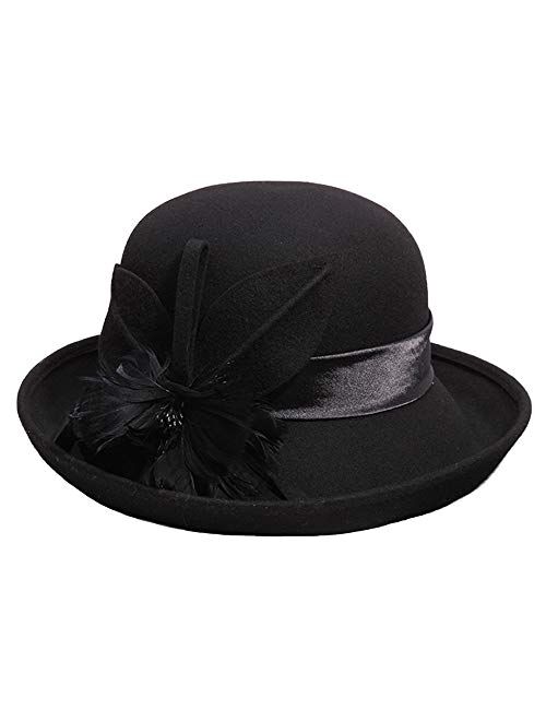 F FADVES British Style Women Bowler Hat Church Derby Wedding Winter Vintage Fascinator Wool Felt Fedoras