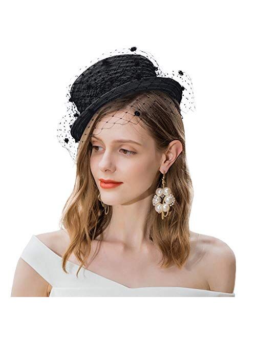 F Fadves FADVES Women British Fascinator Pillbox Hat Veil Wedding Tea Party Boater Hat