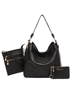 Soperwillton Handbags for Women Large Bucket Shoulder Bag Faux Leather Hobo bag Ladies Crossbody Bag 3pcs Purse Set