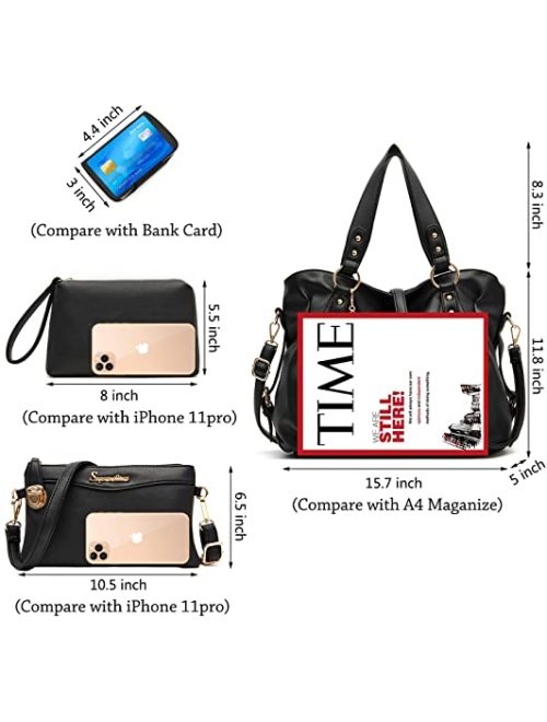 Soperwillton Handbags for Women Large Bucket Shoulder Bag Faux Leather Hobo bag Ladies Crossbody Bag 3pcs Purse Set