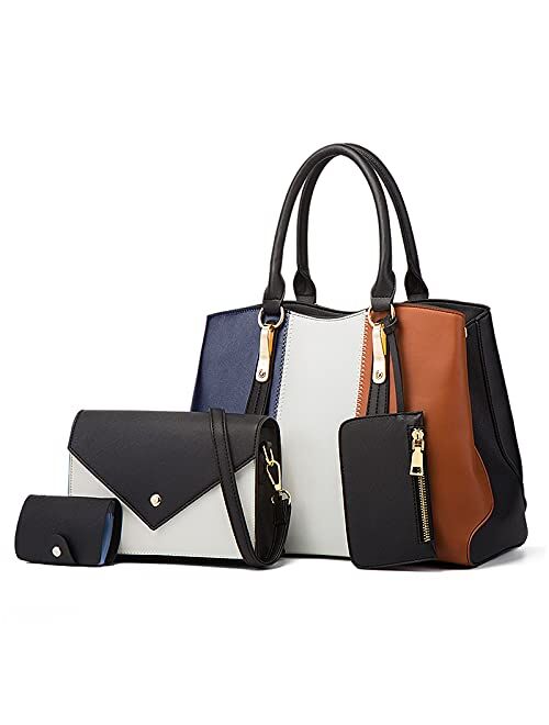 FORRICA Women Handbag 4Pcs Set Large Tote Bags Shoulder Crossbody Bag Fashion Multi Color Stitching Hand Bag Purse Card Case