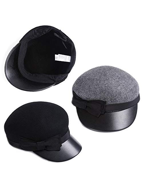 F FADVES Women 100% Wool Felt Vintage Newsboy Painter Hat Visor Beret Cabbie Cap Pu Brim