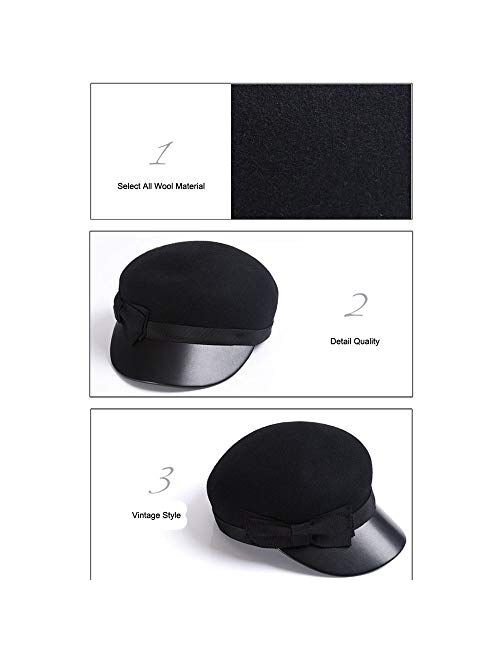 F FADVES Women 100% Wool Felt Vintage Newsboy Painter Hat Visor Beret Cabbie Cap Pu Brim