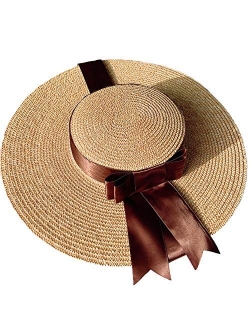 British Vintage Style Straw Sun Hat Wide Brim Kentucky Derby Travel Beach Cap Ribbon Bow