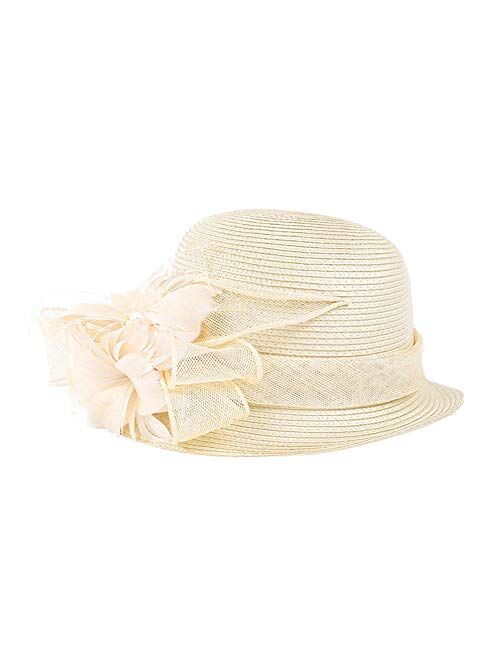 F FADVES Women's Flower Straw Hat Sinamay Elegant Fisherman Wide Side Beach Sun Hat