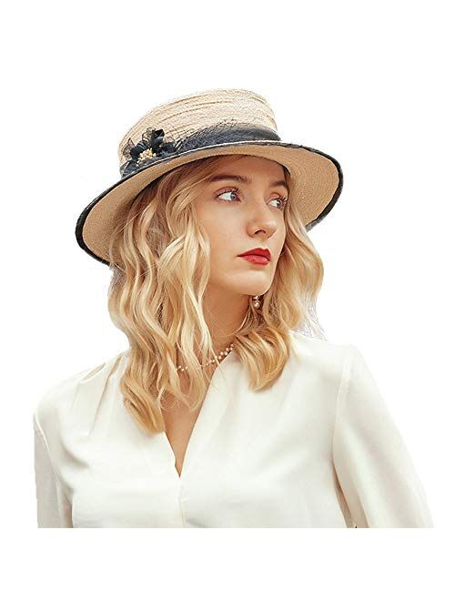 F FADVES Boater Straw Hat for Women Wide Brim Flat Top Derby Sun Hat Elegant Fedora
