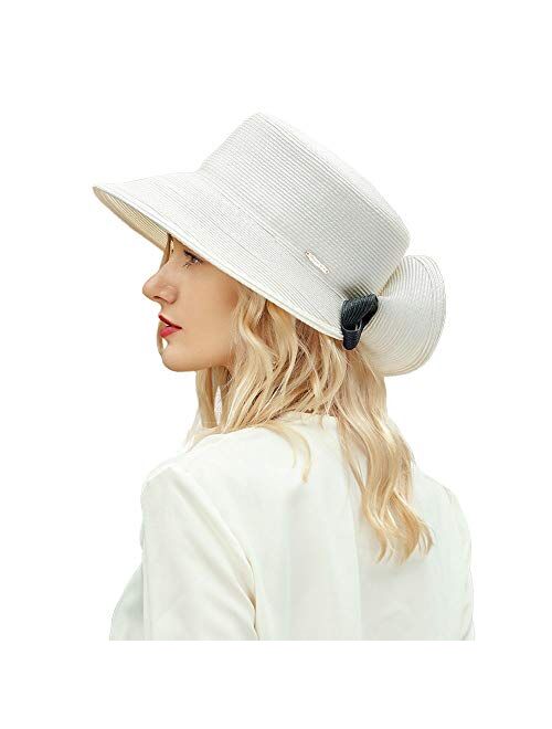 F FADVES Women's Straw Hat Wide Brim Bucket for Women Beach Sun Protection Visor Femme Solid Color Cap