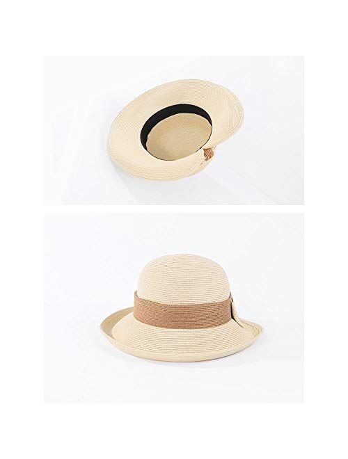 F FADVES Wide Brim Straw Hats Bow Sun Hats for Women UV Protection Floppy Beach Outdoor Summer Cloche Caps