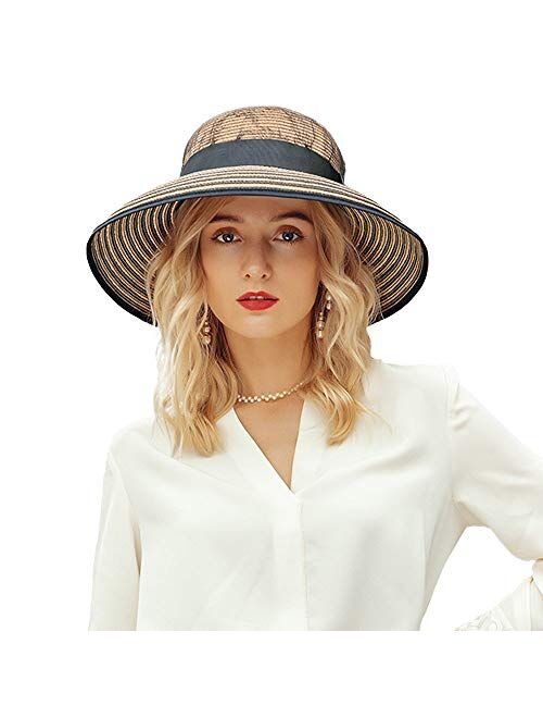 F FADVES Summer Hat for Women Beach Sun Hat Straw Hat Fedora Wide Brim UV Protection Summer Cap
