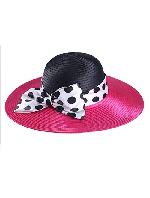 F FADVES Womens Wide Brim Polka Dots Hat Wedding Party Hat Big Bowknot Beach Cap