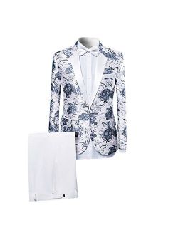 Mens Suits One Button Floral Blazer 2-Piece Wedding Suits Jacket and Pants