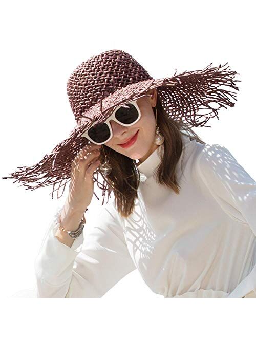 F Fadves FADVES Women Floppy Straw Hat Travel Beach Sun Hat Irregular Brim