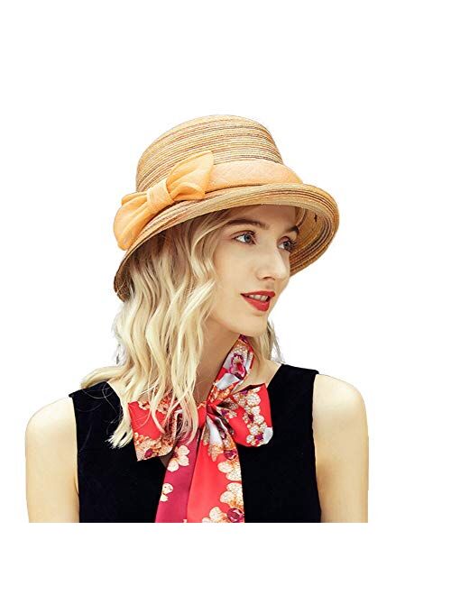 F FADVES Women Wide Brim Straw Beach Hats Vintage Sinamay Tea Party Royal Dress Derby Hat
