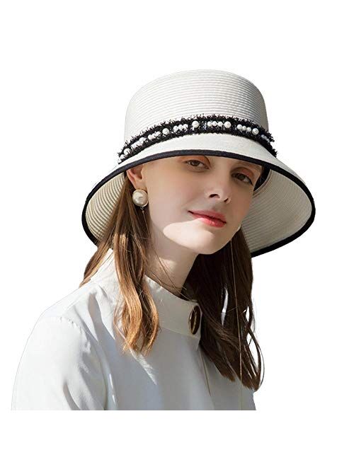 F Fadves FADVES Womens Wide Brim Roll up Straw Hat Fedora Travel Beach Pearl Decoration Sun Hat
