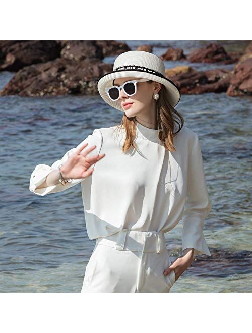 F Fadves FADVES Womens Wide Brim Roll up Straw Hat Fedora Travel Beach Pearl Decoration Sun Hat