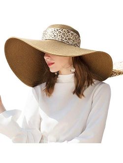 Womens Wide Brim Sun Hat UPF 50 Floppy Beach Leopard Ribbon Straw Hats Foldable