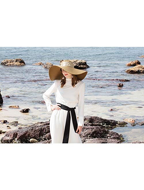 F FADVES Womens Wide Brim Sun Hat UPF 50 Floppy Beach Leopard Ribbon Straw Hats Foldable