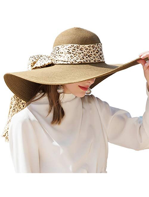 F FADVES Womens Wide Brim Sun Hat UPF 50 Floppy Beach Leopard Ribbon Straw Hats Foldable