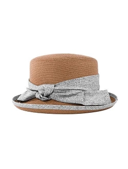 Sun Hat for Women Straw Bowler Casual Hat Fashion Vintage Wide Brim Bowknot Beach Hats