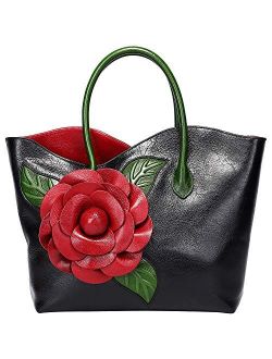 Designer Genuine Leather Purses and Handbags for Women Top Handle Satchel Flower Handbag