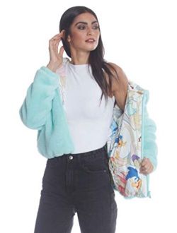 Members Only Plush Faux Rabbit Fur Reversible Bomber Jacket with Looney Tunes Satin Mashup Print Lining