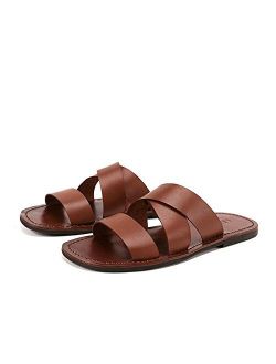 Rouroumaoyi Casual Shoes Summer Men Slides Cow Leather Beach Slippers Non-Slip Male Slippers Zapatos Hombre Casual Shoes Men Outdoor (Color : Brown, Size : 8.5-MUS)