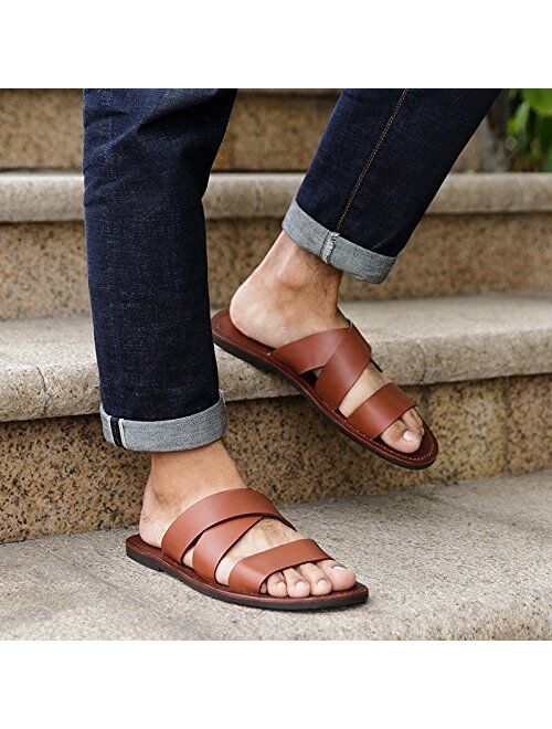 Rouroumaoyi Casual Shoes Summer Men Slides Cow Leather Beach Slippers Non-Slip Male Slippers Zapatos Hombre Casual Shoes Men Outdoor (Color : Brown, Size : 8.5-MUS)