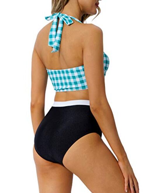 Peddney Women Halter High Waisted Bikini Swimsuit Push Up Bathing Suit Retro Tie Front Two Piece Swimsuit