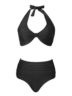 Retro High Waist Swimsuit for Women Halter 2 Piece Bathing Suit Ruffle Bikini Set Tummy Control