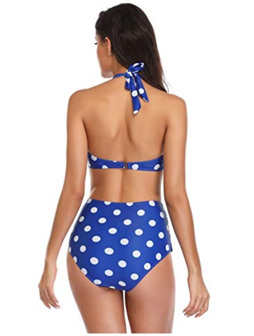 Retro High Waist Swimsuit for Women Halter 2 Piece Bathing Suit Ruffle Bikini Set Tummy Control