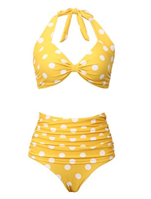 Retro High Waist Swimsuit for Women Halter 2 Piece Bathing Suit Ruffle Bikini Set Tummy Control