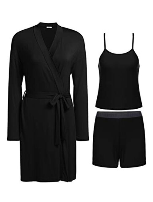 Ekouaer 3 Piece Womens Cami Pajama Set with Robe Tank Top and Lounge Pajama Shorts Sleepwear Travel Set