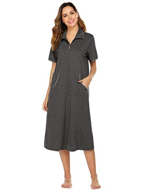 Ekouaer Women Zipper Robe Long Loungewear Soft Nightgown Full Length Duster Housecoat with Pockets