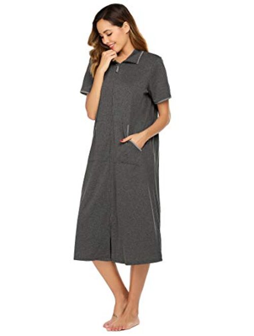 Ekouaer Women Zipper Robe Long Loungewear Soft Nightgown Full Length Duster Housecoat with Pockets