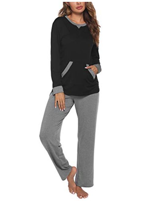 Ekouaer Pajamas Sets Women's Long Sleeve Sleepwear Tops with Long Pants Soft Loungewear Pj Set with Pocket S-XXL