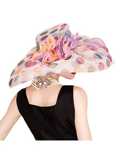 100% Organza Hats Kentucky Derby Large Wide Brim Flower Fedoras Polka Dot Wedding Hat