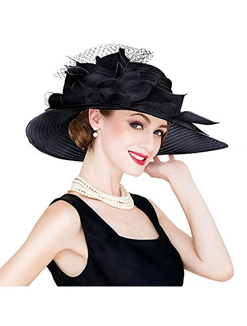 F FADVES Women Hats Organza Wide Brim Floral Kentucky Derby Wedding Fascinator Dress Hat