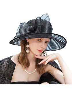 Women Bowknot Party Wedding Organza Hat Wide Brim Church Dress Sun Hat