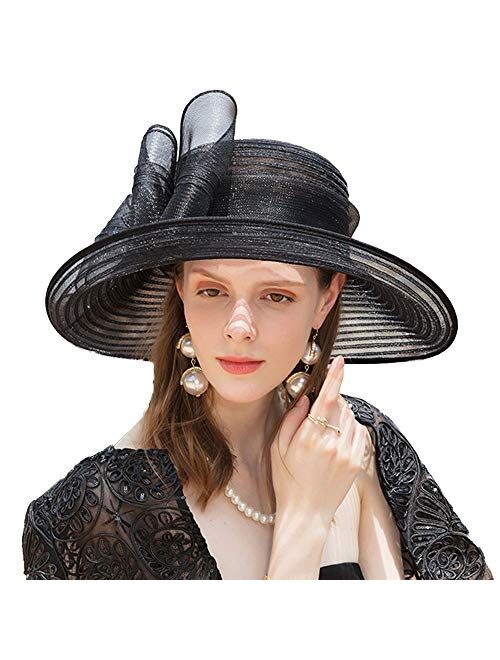 F FADVES Women Bowknot Party Wedding Organza Hat Wide Brim Church Dress Sun Hat