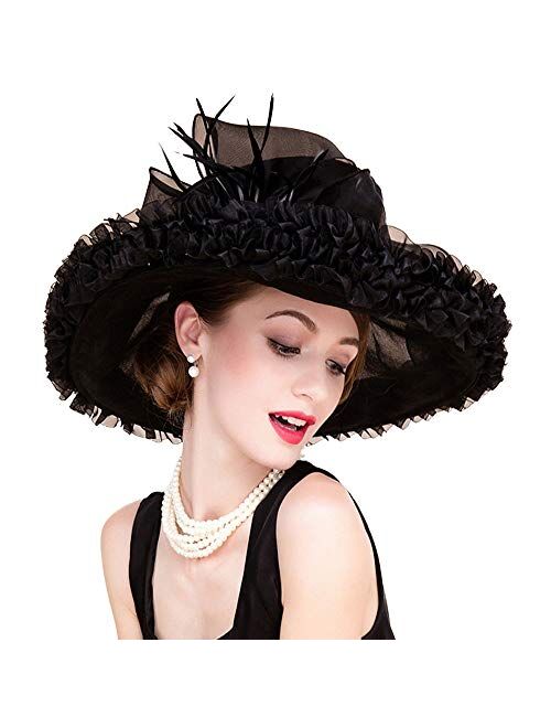 F FADVES Ladies Large Wide Brim Organza Hats Church Kentucky Derby Party Wedding Fascinator Fedora Hat